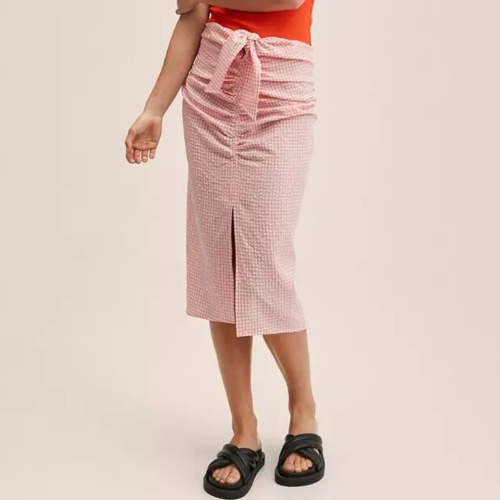Mango Gingham Midi Skirt With Front Tie And Slit Detail